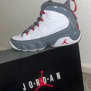 Gray,red and white retro Jordan 9s